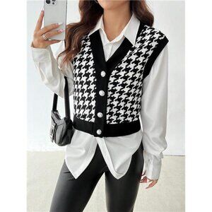 PETITE Women's Houndstooth Single-Breasted V-Neck Casual Vest Jacket, Autumn